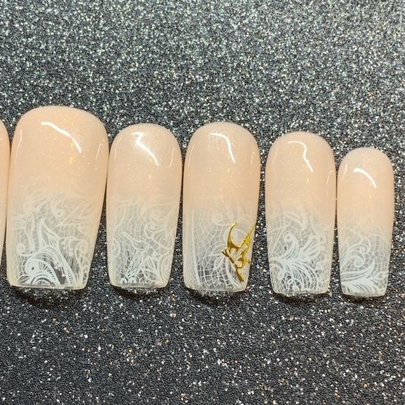 Nude Butterfly Lace Ombré Square Custom LuxuryPress Ons - Picture 4 of 5